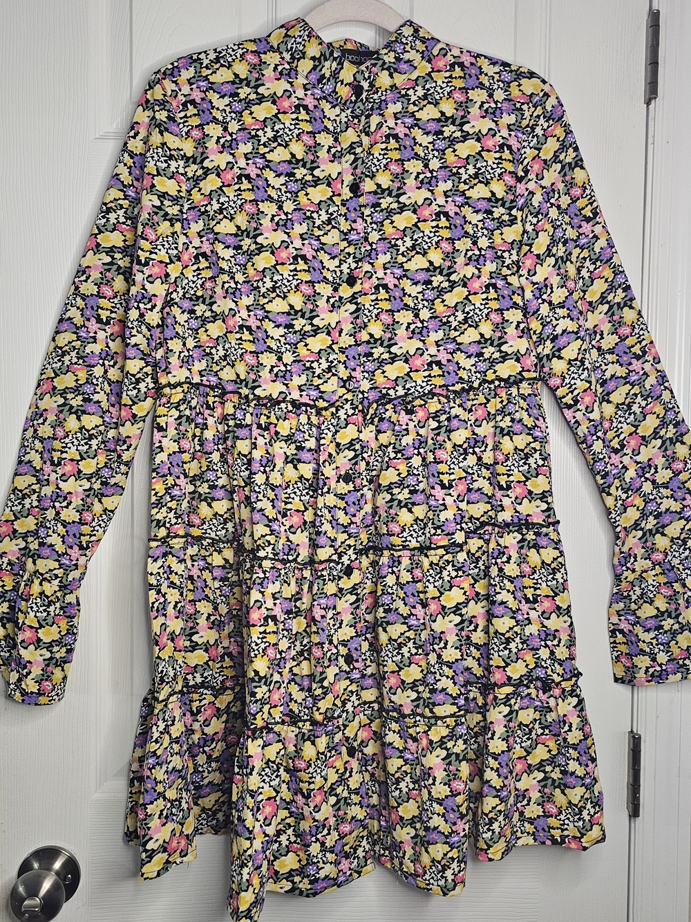 Boohoo Black Floral Tiered Long-Sleeve Dress with Pink, Yellow & Purple Blooms
